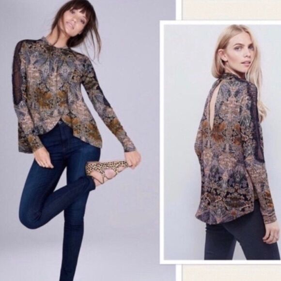 Free People New World Nouveau Boho Jersey Top  Blouse Sz XS - Picture 2 of 8